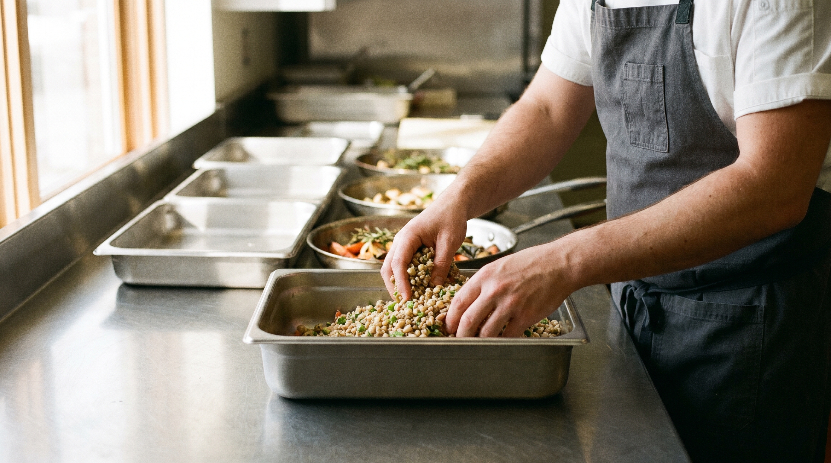 Chef plating into a hotel pan in a catering kitchen