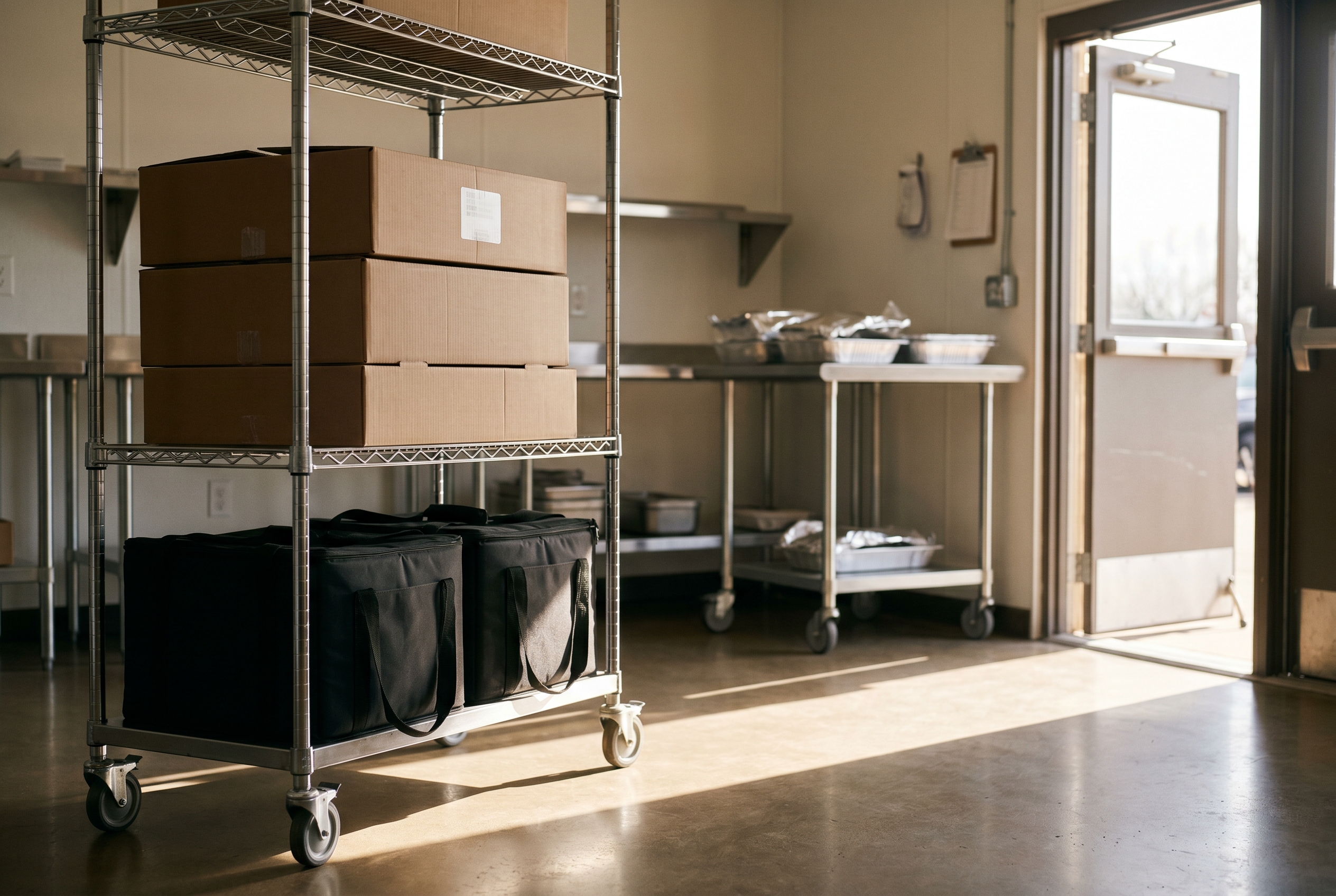 Catering boxes and insulated bags staged on a wire shelf, ready for service